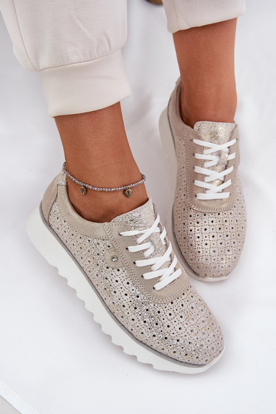 Замшеві перфоровані кросівки на платформі золоті LR51-927