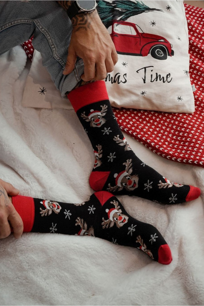 Чоловічі різдвяні носки Задоволені олені Чорні