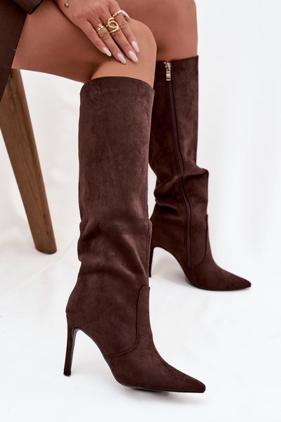 Теплі жіночі чоботи на підборах із еко замші шоколадні Rosavine