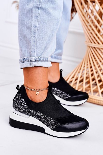 Жіночі шкіряні кросівки на танкетці Black Silver Frances