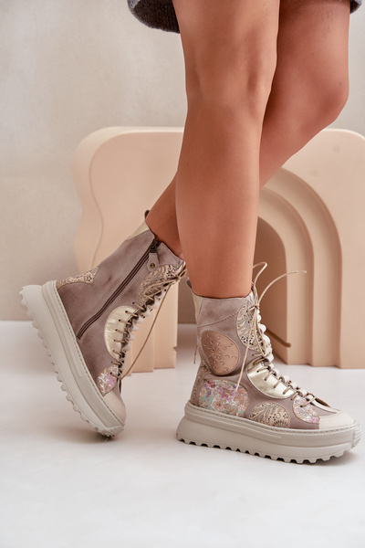 Шкіряні замшеві ботильйони на платформі утеплені Maciejka 06565-04 Бежеві