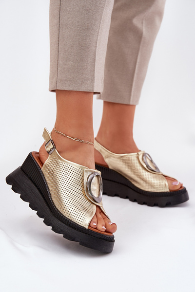 Шкіряні Жіночі Сандалі На Котурні З Декорацією Artiker 56C0109 Золоті